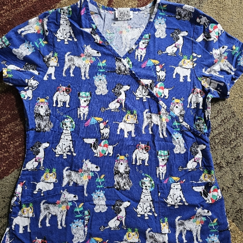 Blue Dog Print Scrub Top